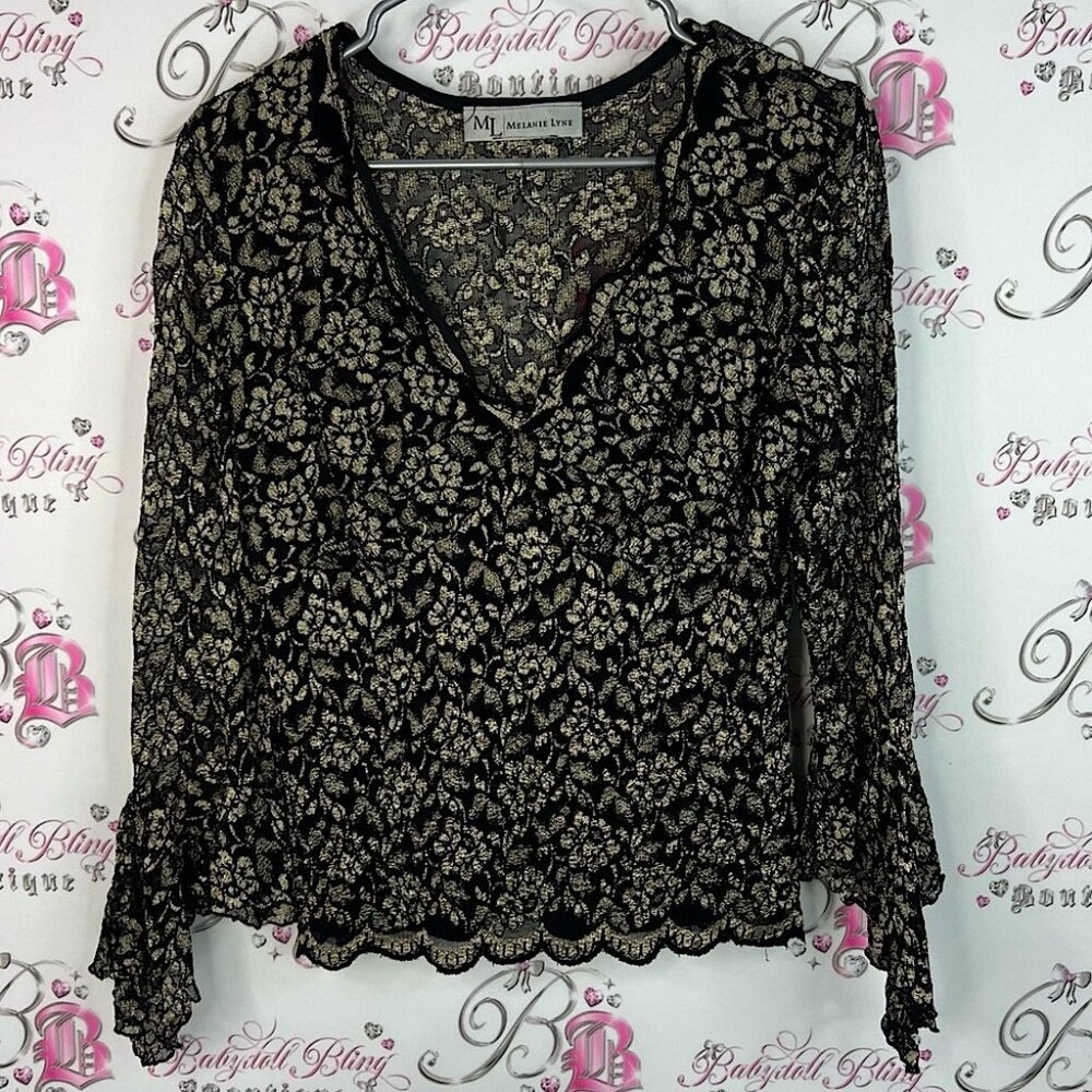 Melanie Lyne long sleeve flare bell bottom Black shiny Gold Floral Lace Blouse